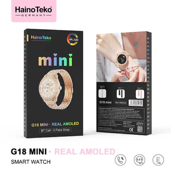 HainoTeko G18 Mini Ladies Smart Watch AMOLED Display Bluetooth Calling, 3 Straps, Wireless Charger
