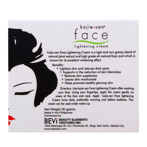 Kojie San Face Lightening Cream packaging with text and a silhouette of a woman's face.