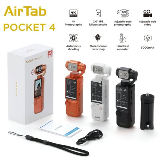 AirTab Pocket 4 Ultra HD 4K Action Camera – Adjustable Gimbal, 2.0" IPS Display, 3000mAh Battery Stabilized Camera