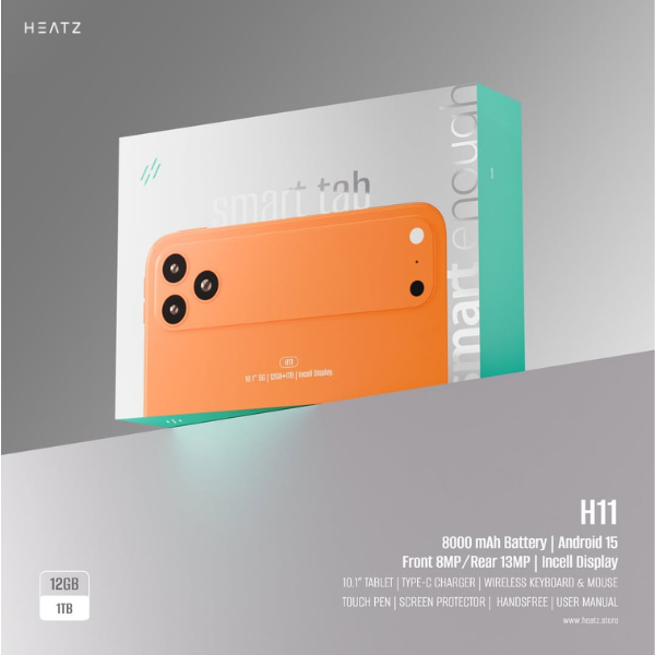 جهاز لوحي Heatz H11 - شاشة HD بحجم 10.1 بوصة، ذاكرة وصول عشوائي (RAM) سعة 12 جيجابايت، سعة تخزين 1 تيرابايت، يعمل بنظام أندرويد