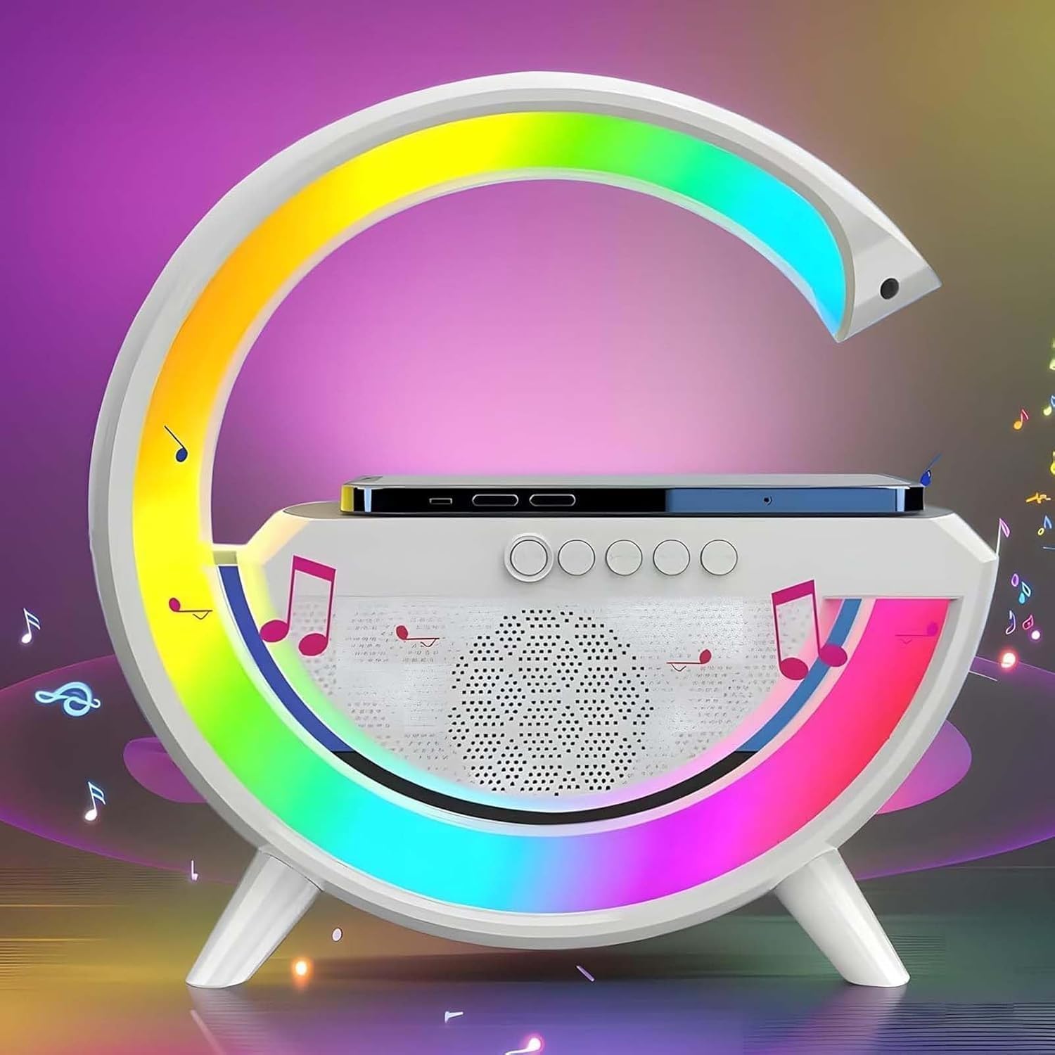 Colorful circular LED lamp with music notes on a vibrant background