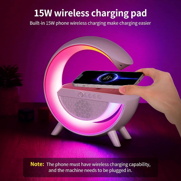 Wireless charging pad with a phone on a purple background