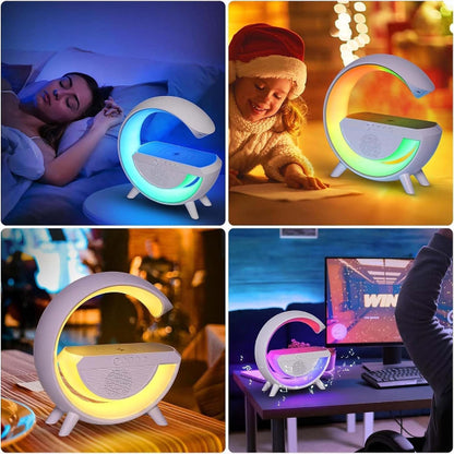 Collage of a moon-shaped night light in various settings