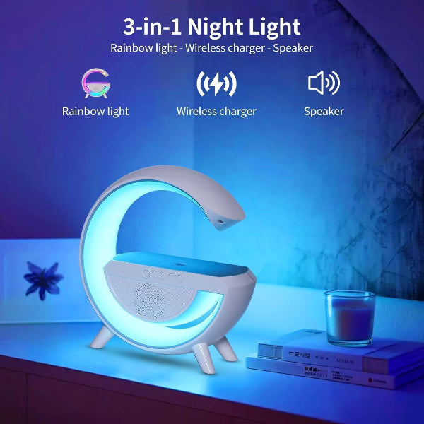 3-in-1 night light with rainbow light, wireless charger, and speaker on a blue background