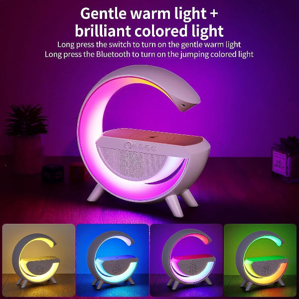 Gentle warm light and brilliant colored light device with Bluetooth speaker on a dark background