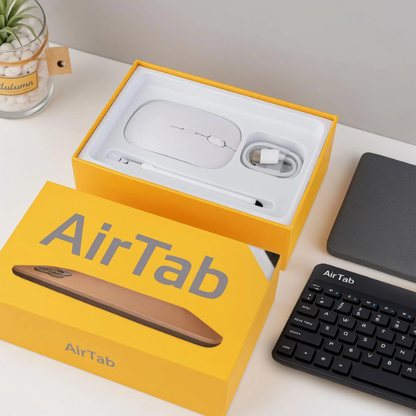 AirTab product with packaging and accessories on a desk