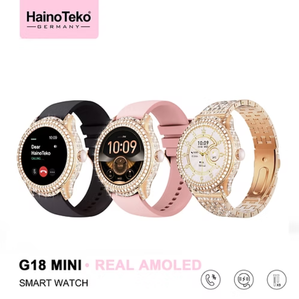 HainoTeko G18 Mini Ladies Smart Watch AMOLED Display Bluetooth Calling, 3 Straps, Wireless Charger