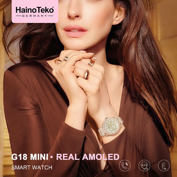 HainoTeko G18 Mini Ladies Smart Watch AMOLED Display Bluetooth Calling, 3 Straps, Wireless Charger