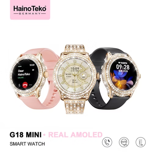 HainoTeko G18 Mini Ladies Smart Watch AMOLED Display Bluetooth Calling, 3 Straps, Wireless Charger