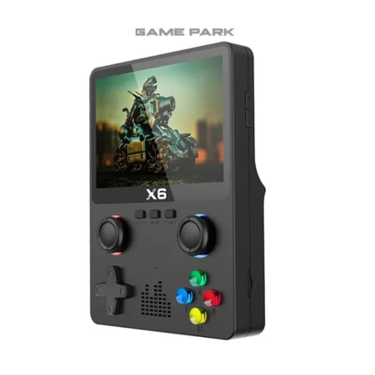 Handheld gaming console with screen displaying a game, branded 'Game Park X6'.