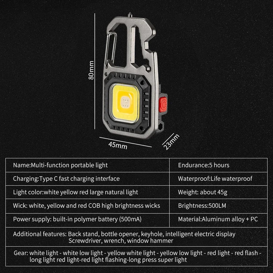 Mini LED Light Rechargeable Keychain With Portable Pocket Wrench Screwdriver