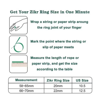 Instructions for measuring Zikr Ring size with measurements and US size conversion.