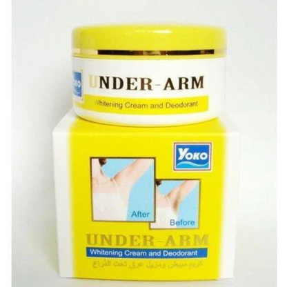 Yoko under-arm whitening cream and deodorant jar and packaging on a white background