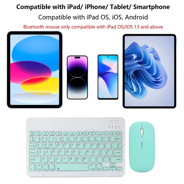 keyboard and mouse set with compatibility text for iPad, iPhone, and tablet