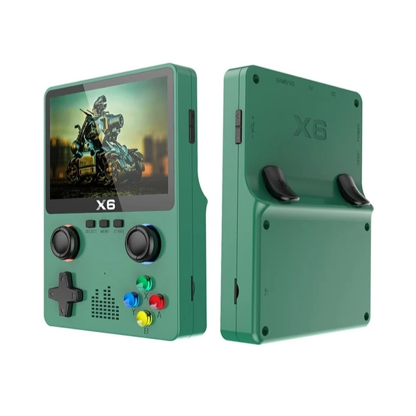 Green handheld gaming console with screen displaying a robot image