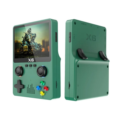 Green handheld gaming console with screen displaying a robot image