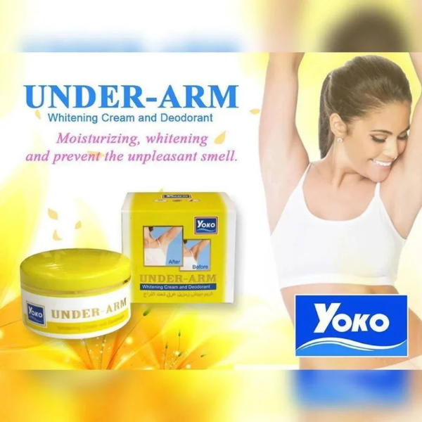 Yoko under-arm whitening cream and deodorant packaging with a woman applying it.
