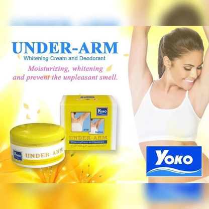 Yoko under-arm whitening cream and deodorant packaging with a woman applying it.