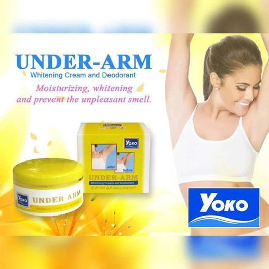 Yoko under-arm whitening cream and deodorant packaging with a woman applying it.