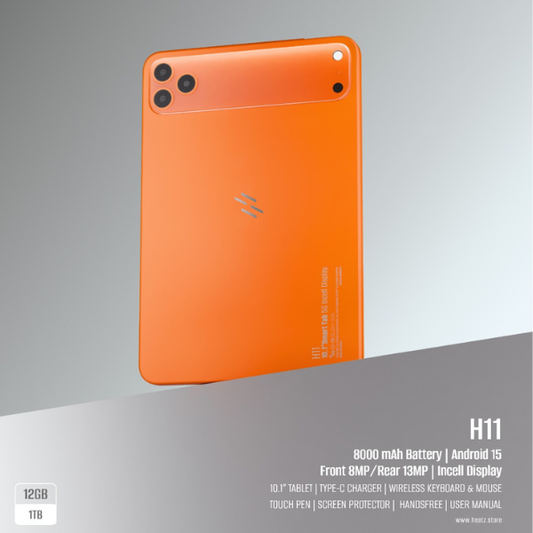 جهاز لوحي Heatz H11 - شاشة HD بحجم 10.1 بوصة، ذاكرة وصول عشوائي (RAM) سعة 12 جيجابايت، سعة تخزين 1 تيرابايت، يعمل بنظام أندرويد