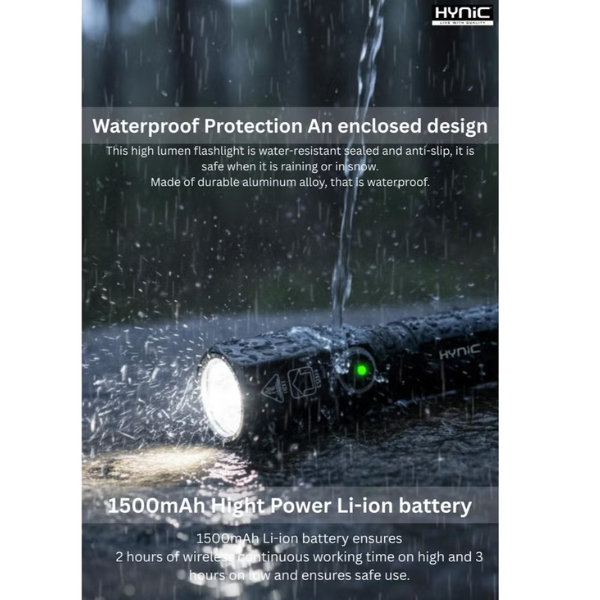 Hynic rechargeable flashlight with 1500mAh battery and strong beam