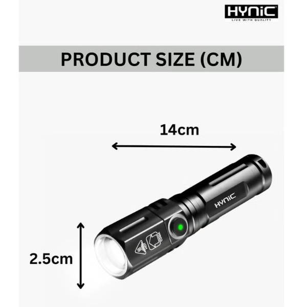 Black flashlight with measurements and Hynic branding 