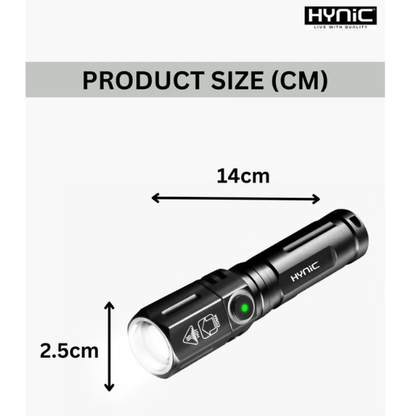 Black flashlight with measurements and Hynic branding 
