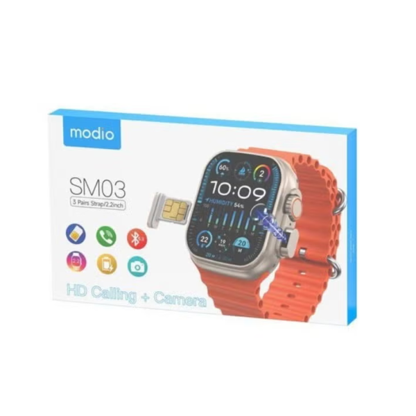 Smartwatch packaging with orange band and visible brand 'modio' on a white background