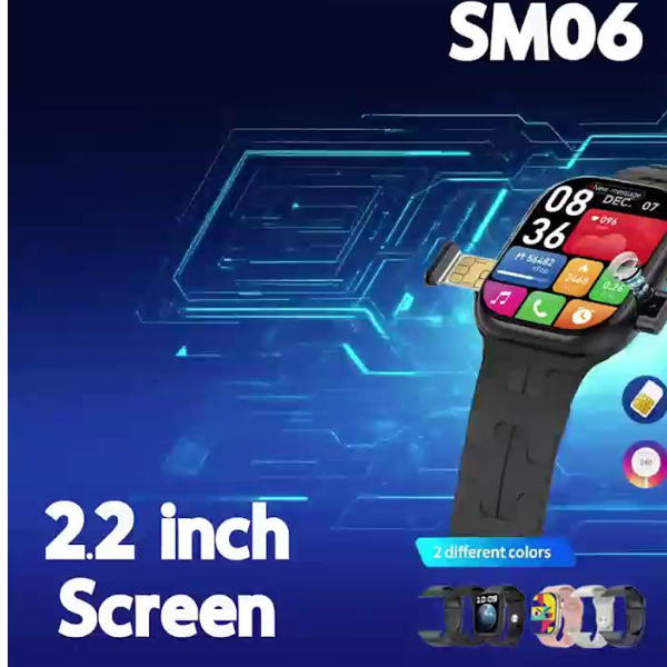 Modio Smartwatch with 2.2 inch screen on a blue background, featuring the brand 'SM06'.