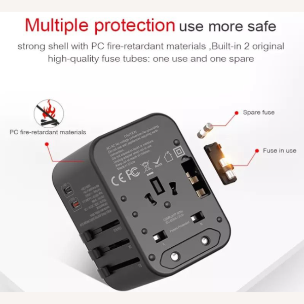 travel adapter with USB A and Type C ports